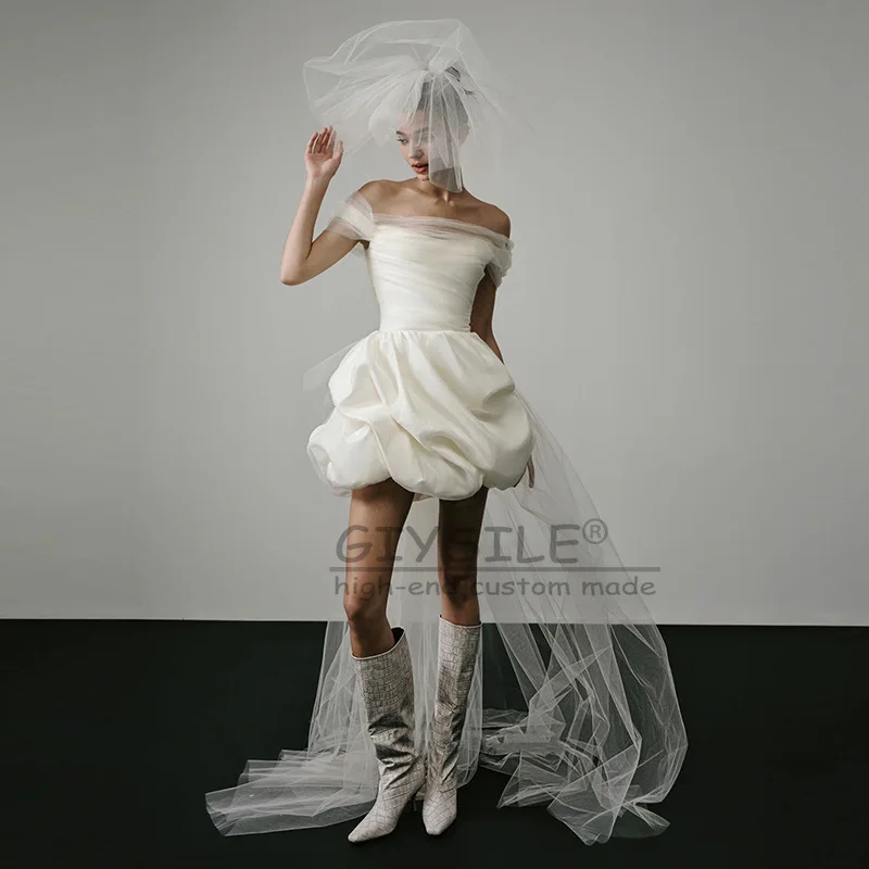 GIYSILE فساتين زفاف صغيرة بسيطة على شكل حرف a مخصصة عاجية للنساء من الساتان فستان حفلات بدون أكتاف للتصوير الفوتوغرافي فساتين مناسبة