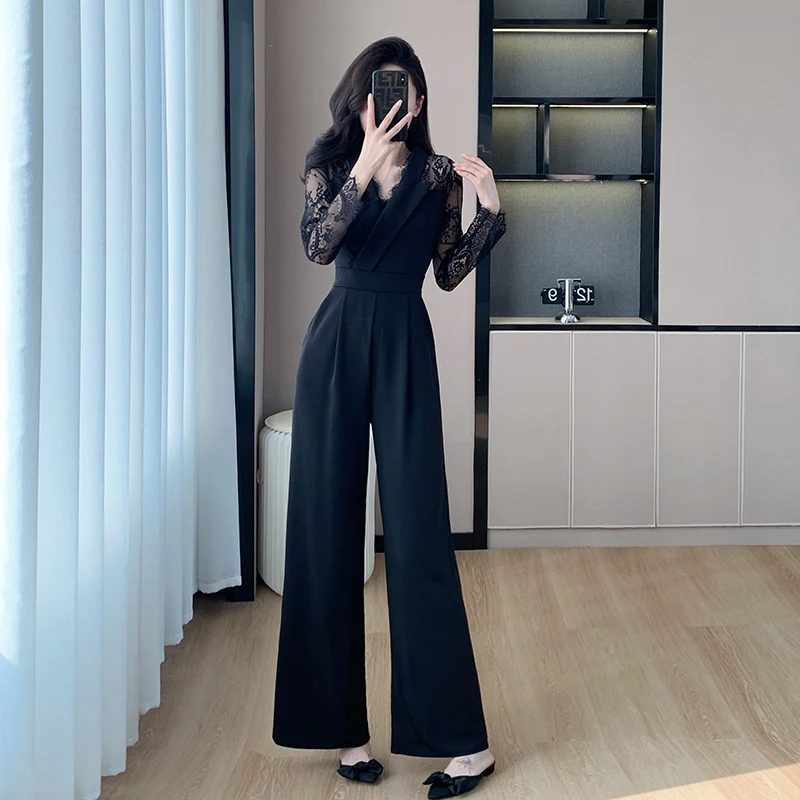 Elegant Slim Waist Long Sleeve Jumpsuit Women 2024 Spring Fashion Casual Pocket Wide Leg Pants Rompers Ladies Office Jumpsuits