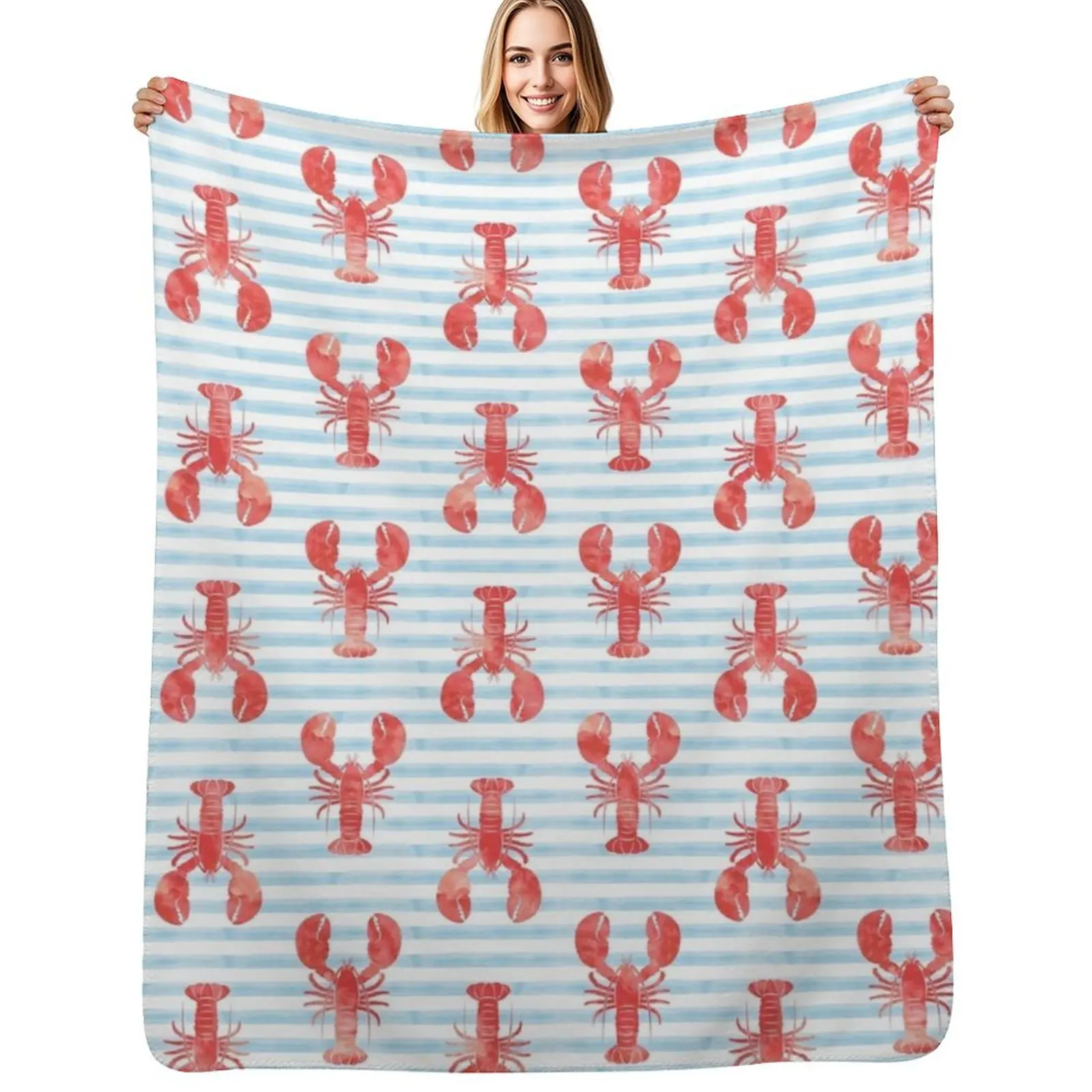 

Lobsters on blue stripes Throw Blanket All Season Soft Lightweight Blanket for Home
