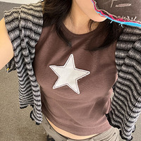 2022 Y2K Aesthetics Brown Star Embroidered Baby Tee 2000s Streetwear Short Sleeve Summer Crop Top Cute Tee Chic Goth Clubwear