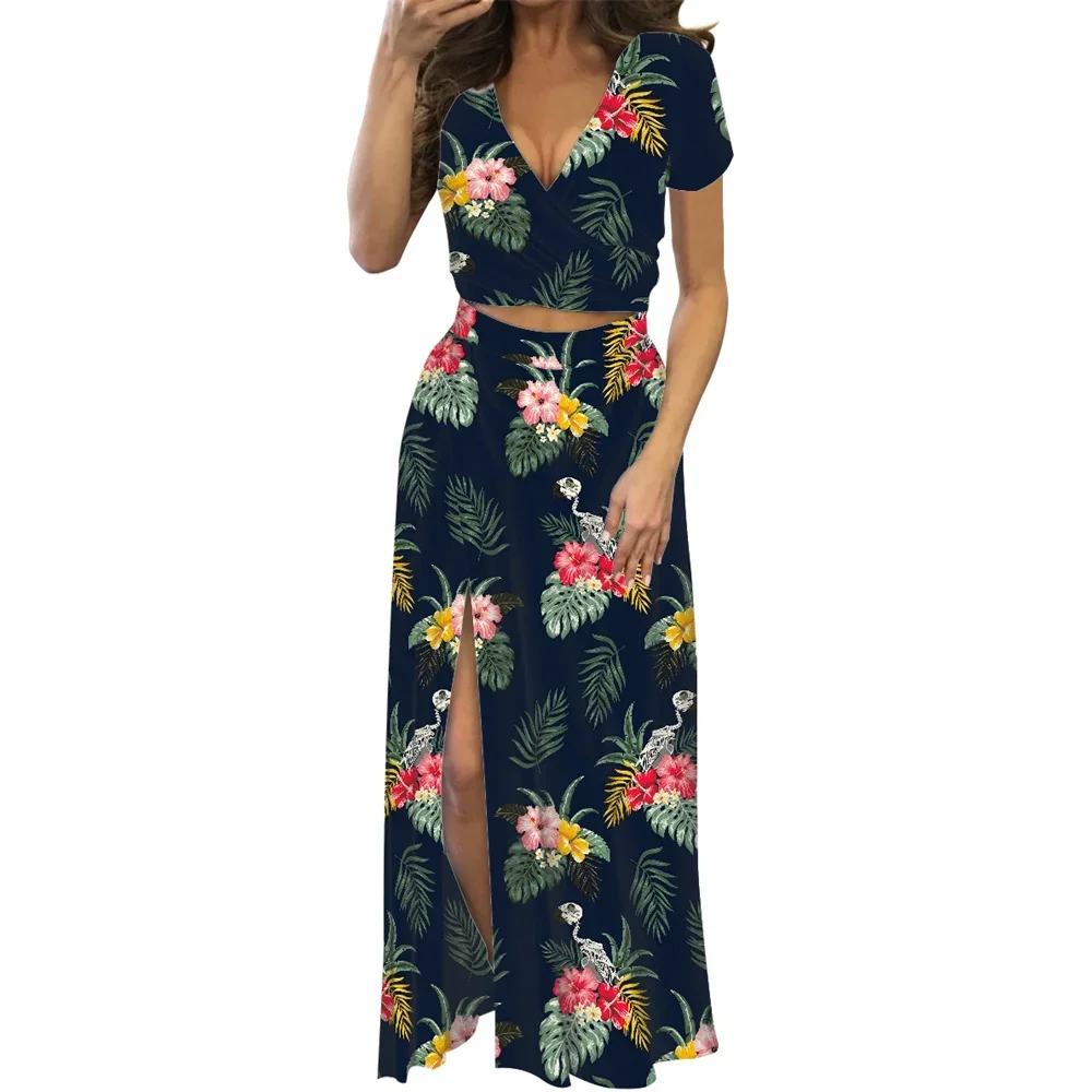 

Summer Women V Neck Sexy Beach Party Dress With Split Short Sleeve 2 Pieces Sets Hawaii With Hibiscus Print Bodycon Dress