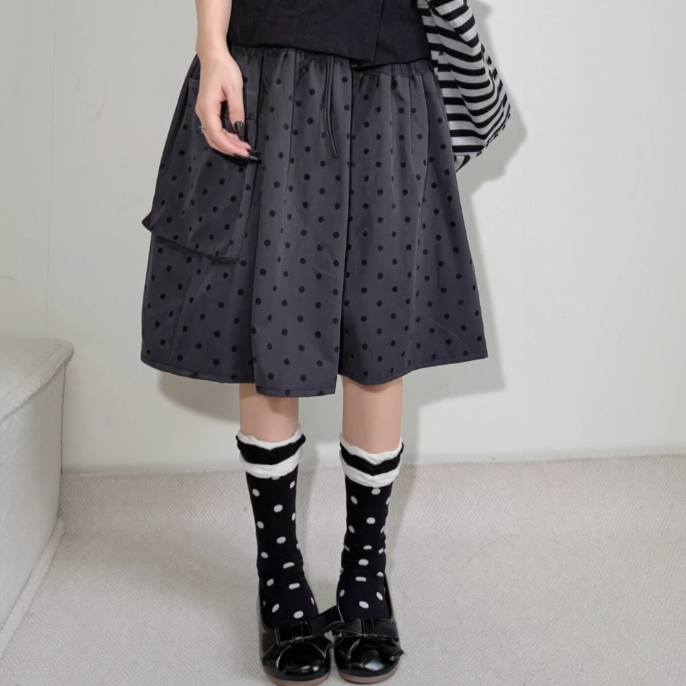 Autumn Women Gray Tone Polka Dot Spliced Slouch Socks Ruffle Vintage Color Block Ins Short Socks Daily Shopping Outdoor Socks