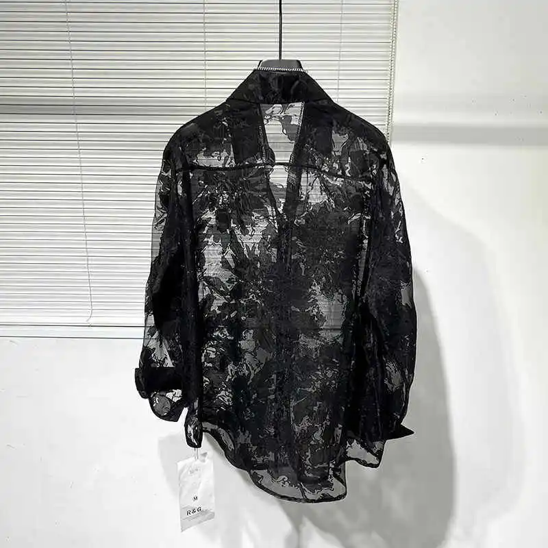 High Street Summer Ins Design Hollowed Out Shirt Men's Thin Long Sleeved Retro Sunscreen Streetwear Casual Loose Shirt