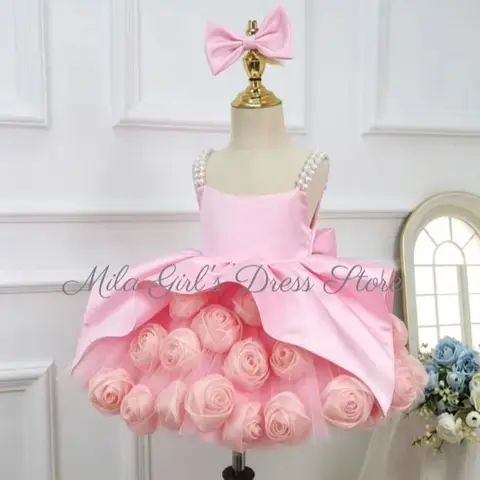Pageant Dresses For Toddler Pink 3D Rose Mini Tutu Flower Girl  Dress Elegant Pearls Ball Evening Dress Wedding Children Dress