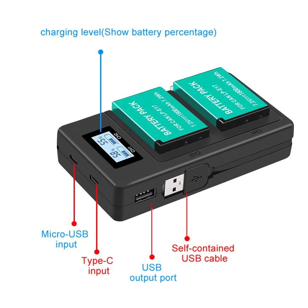 LPE17 LP E17 LP-E17 E17 Battery + LCD USB Dual Charger for Canon EOS 200D M3 M6 750D 760D T6i T6s 800D 8000D Kiss X8i Cameras