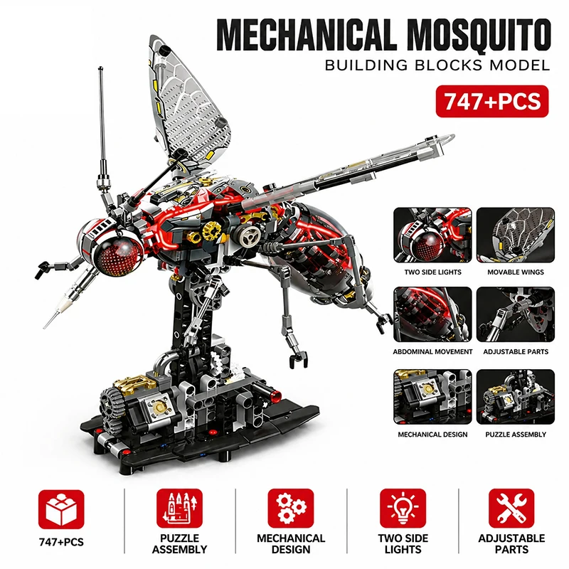 Nwe 13104 Mechanical Mosquito Building Blocks 747PCS Insect Model with Lights Movable Bricks Toy for Kids Adults Collection Gift
