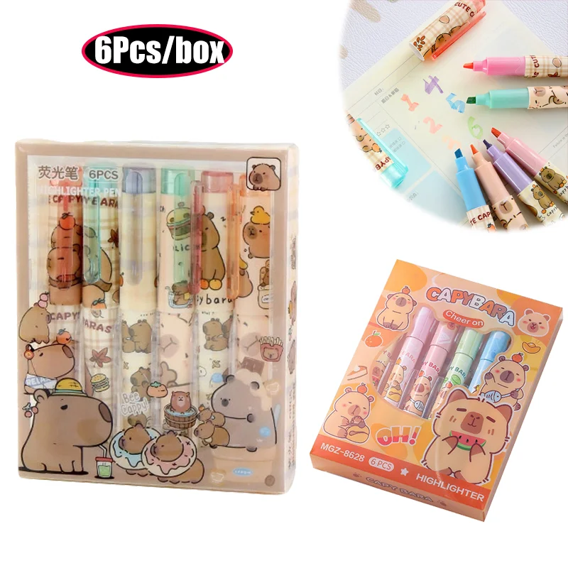 

6Pcs Cartoon Fashion Capybara Highlighter Pen Set Cute Creative Mini Painting Marker Fluorescent Pens Office Supplies Stationery