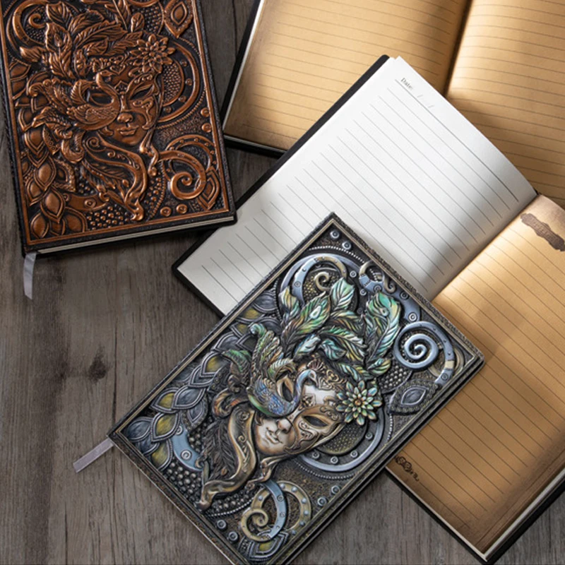 3d Hardcover A5 Notebook Vintage Embossed Masquerade Books Pu Cover Diary Horizontal Line Page Office School Learning Supplies