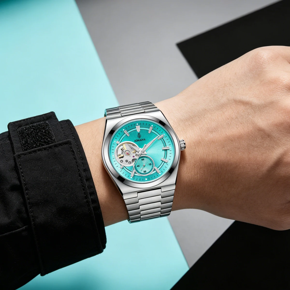 AIMANA Men Automatic Mechanical Watch Tiffany Blue Sunburst Dial Hollow Skeleton Stainless Steel Bracelet Luminous Hands Waterpr
