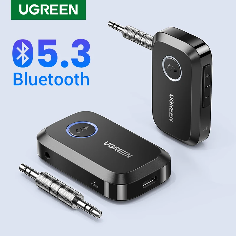 UGREEN-블루투스 자동차 수신기 어댑터, 3.5mm AUX 잭 자동차 스피커 오디오 음악 수신기 핸즈프리 블루투스 5.3 어댑터