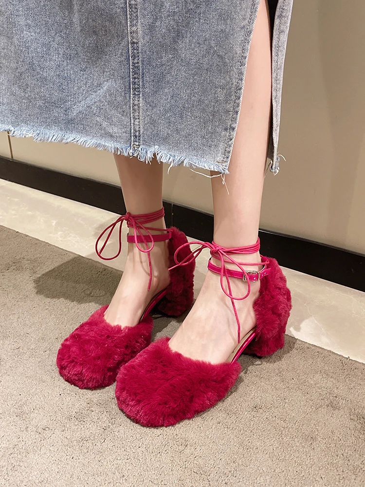 2023 Square Toe African Woman Shoe Fur Heels Basketball Platform Branded Pumps Lace-Up Latest Burgundy Spring 3cm Fashion Gold C