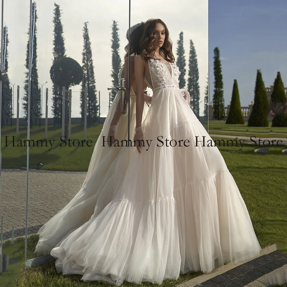 Romantische Frauen Hochzeit Kleid Spaghetti-trägern V-ausschnitt 3D Blumen Applique Sehen Durch Backless EINE Linie Robe De Mariee Braut kleid