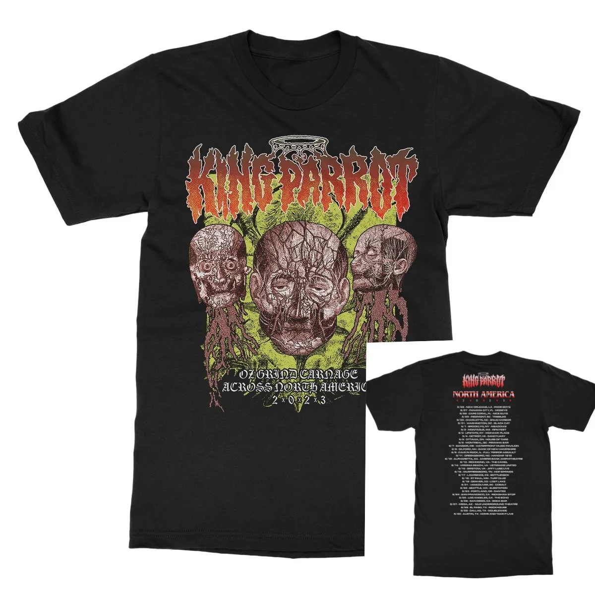 King Parrot Band Three Rooted Rotten Human Heads Tour Art Print T Shirt Grindcore Unisex Tee for Rock Fans