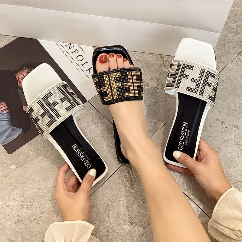 New 2024 summer women's slippers home out low heel anti-collision sequins F style women's shoes