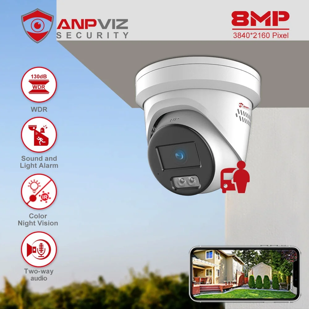 

Anpviz 8MP POE IP Camera Turret Outdoor Security Camera CCTV F1.0 VCA MD 2.0 IR&Color Dual-Light Alarm 130db WDR H.265+ IP67