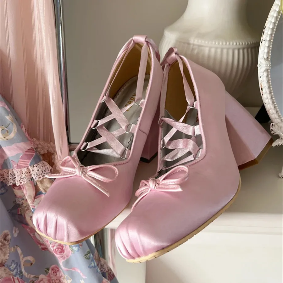 Cute Pink Women Chunky High Heels Lolita Shoes Square Toe Mary Janes Fashion Comfy Ladies Dance Shoes Lace-up Dress Pumps