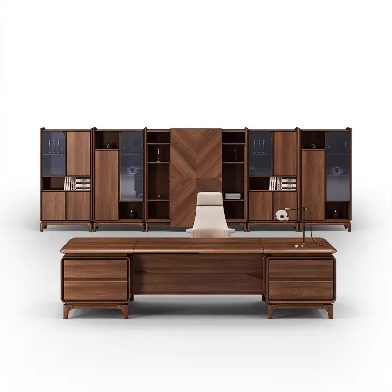 Walnut solid wood desk office furniture, new Chinese office desk and chair combination