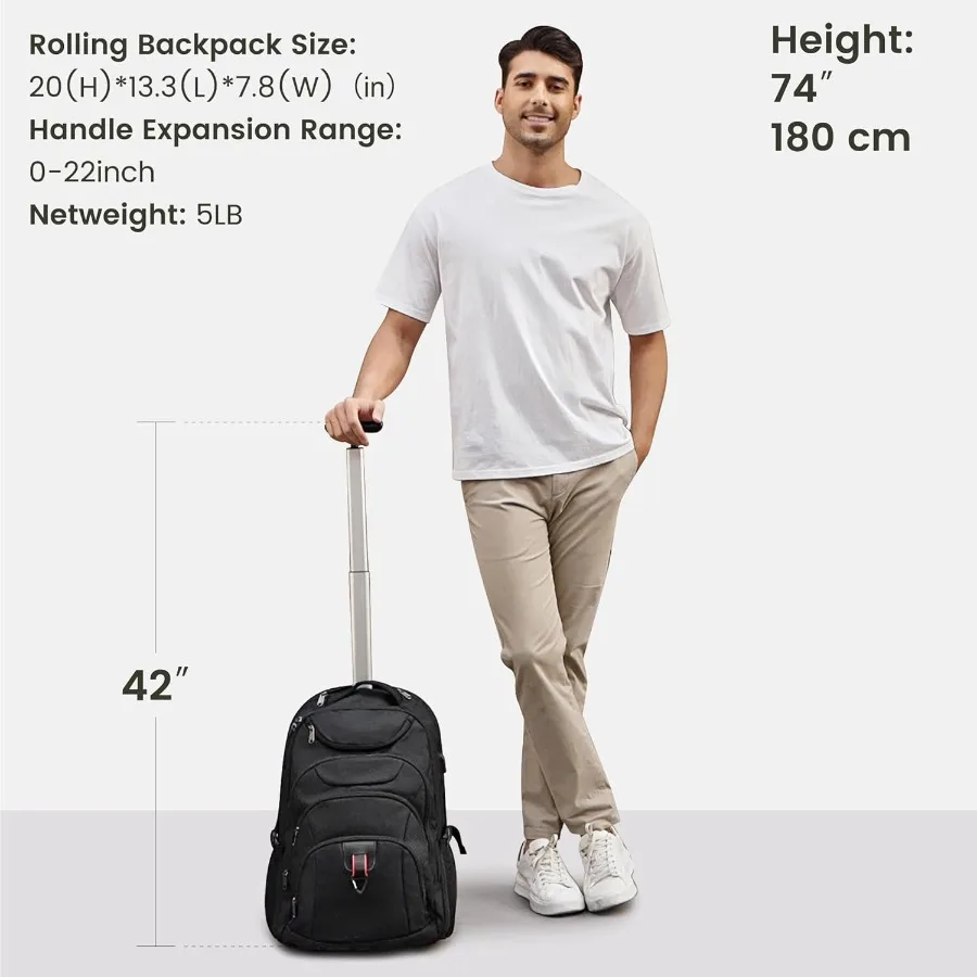 Boavan Rollrucksack, 17 Zoll, wasserabweisender Rucksack mit Rollen, Handgepäck, Business-Tasche, Übernachtungs-College-Computerwagen