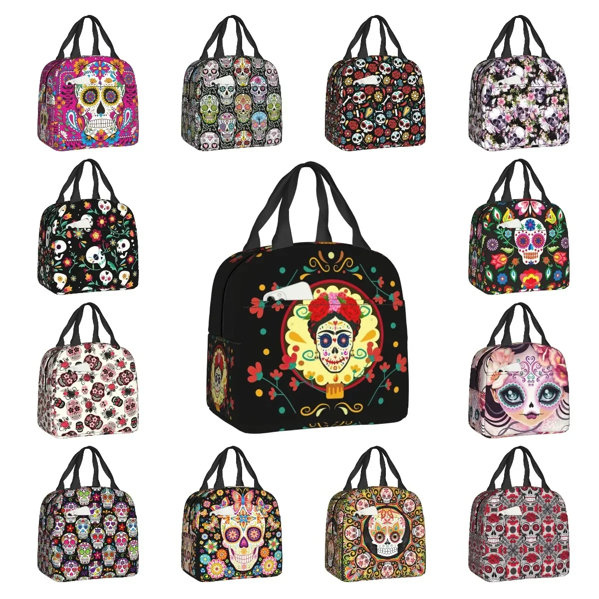 Frida Skull Day Of Dead Insulated Lunch Tote Bag for Women Mexican Flowers Catrina Resuable Thermal Cooler Bento Box School