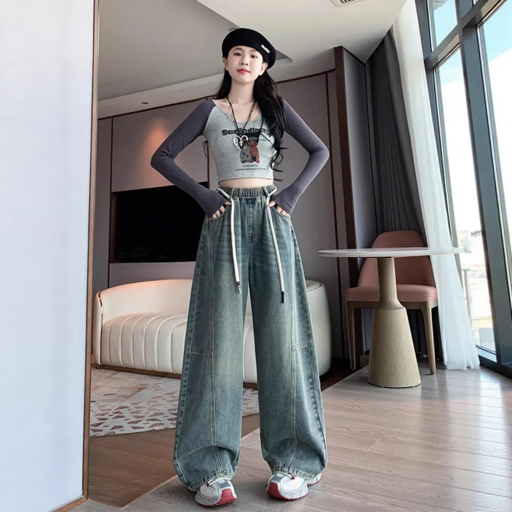 Fleece Autumn Winter High Waist Wide Leg Jeans Loose Floor Length Elastic Waist Women's Pant