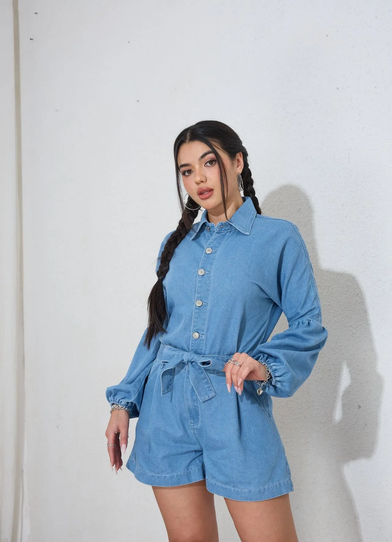 

Women's Denim Shirt & Shorts Set with Bow Belt,Plus Size Solid Color Casual Outfit,Summer Stretchy Cotton Streetwear