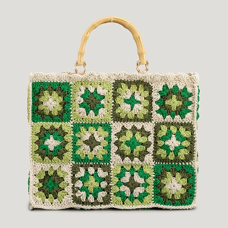 

Bohemian Large Crochet Tote Bag Vintage Bamboo Handle Women Handbgs Granny Square Knitted Hand Bags Trend Big Lady Shopper Purse