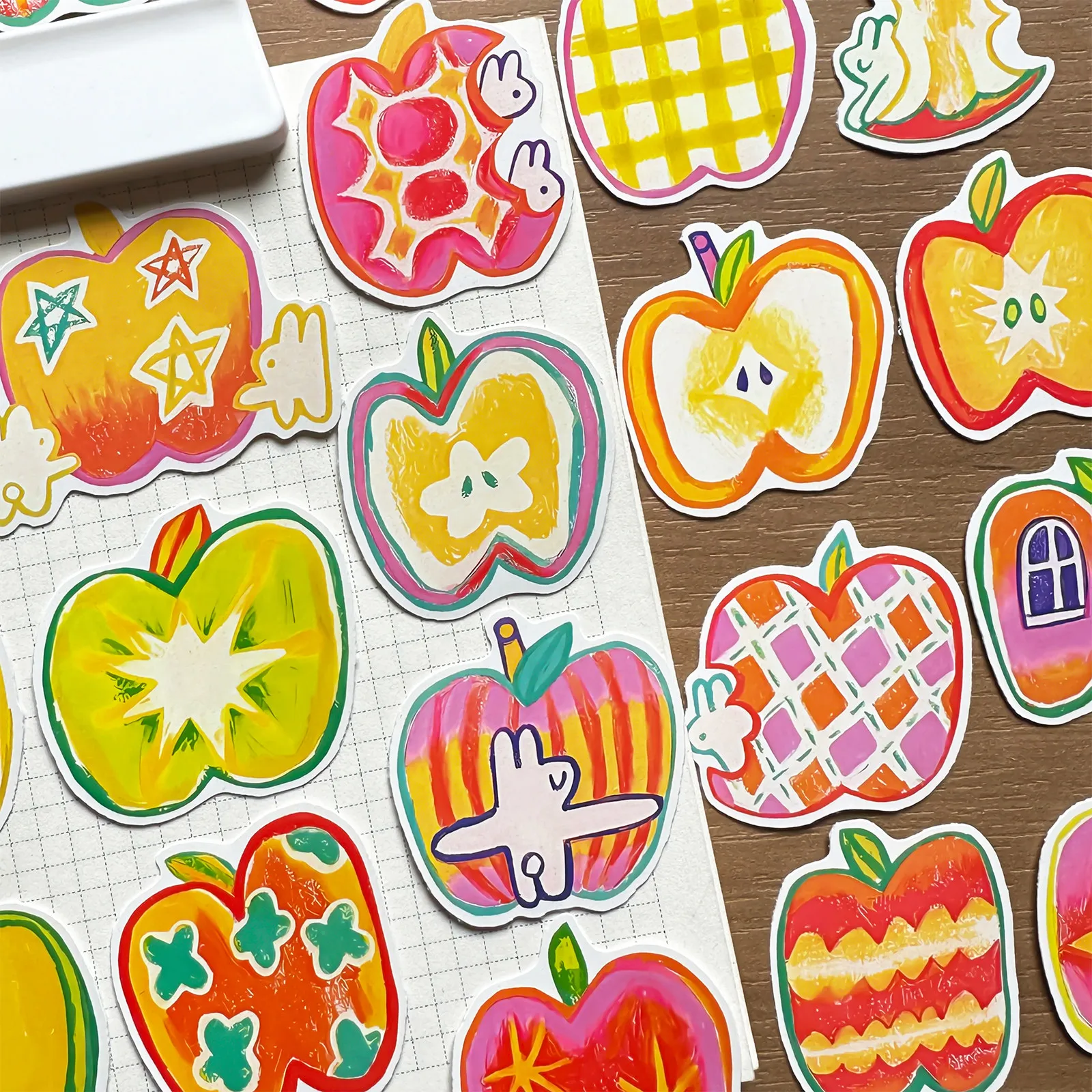 

Hand Drawn Childlike Colorful Apple Cartoon Stickers Decorative Decals for Phone Case Guka Card Notebook Journal