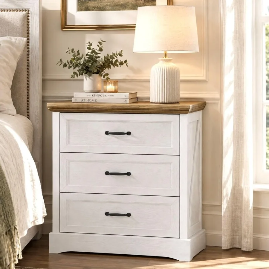 Farmhouse nightstand with charging station and hidden drawer for bedroom use, white and brown MDF wood, sleek rustic design wit
