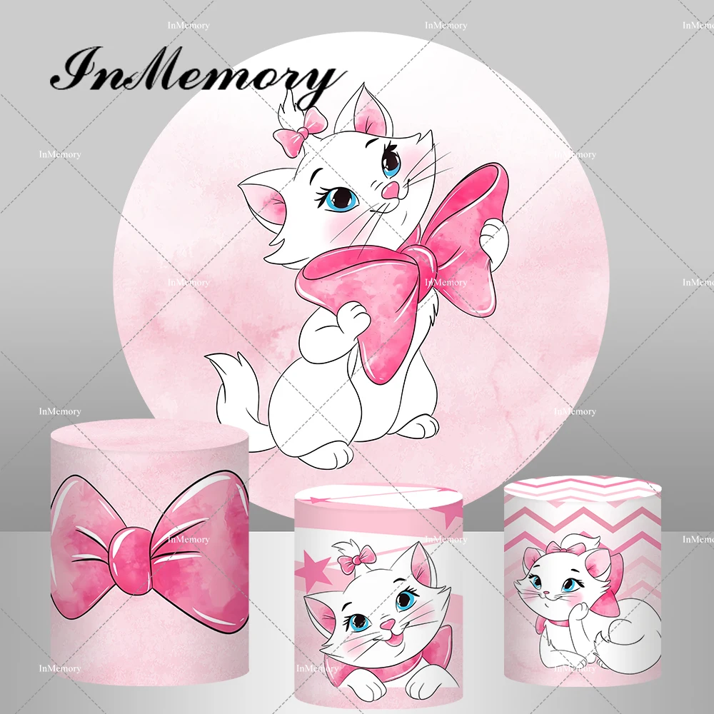 Cartoon Marie Cat Round Backdrop Pink Cute Girls Newborn Baby Shower 1st Birthday Party Photography Background Plinth Covers