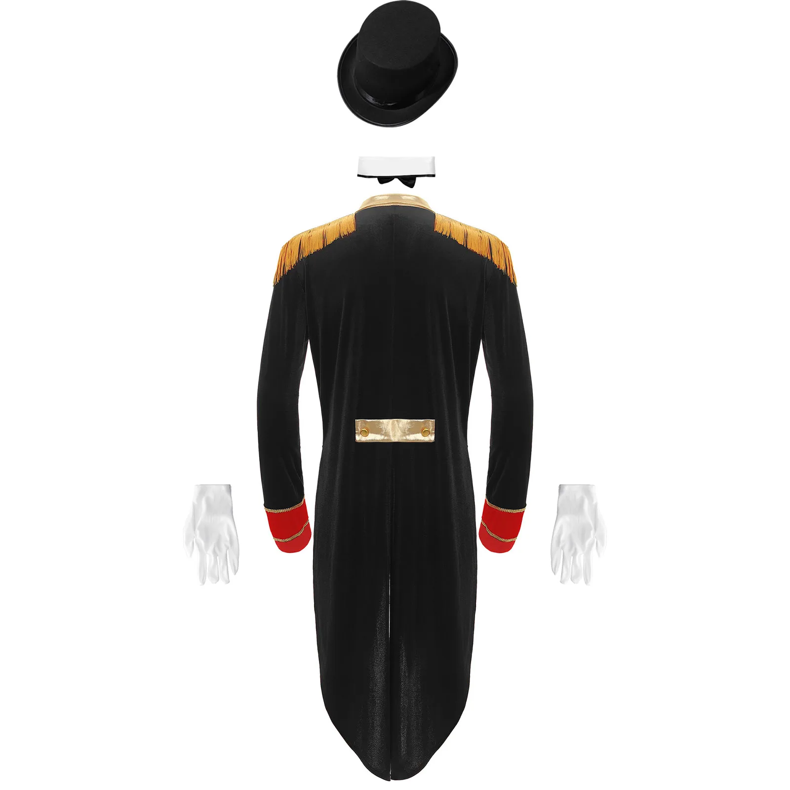 Circo Ringmaster Cosplay Performance Traje para Homens, Tailcoat, Jaqueta, Chapéu, Colarinho, Luvas, Conjunto para Festa Temática, Carnaval, Dia das Bruxas