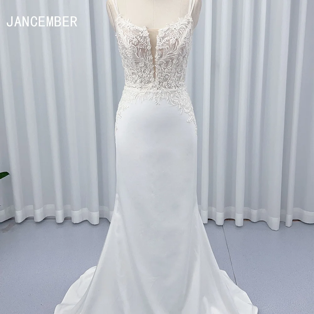 

Customized Spaghetti Strap Sheath Wedding Dress Appliqued Pearl Beaded Low Back Crepe Bridal Gown Hx03