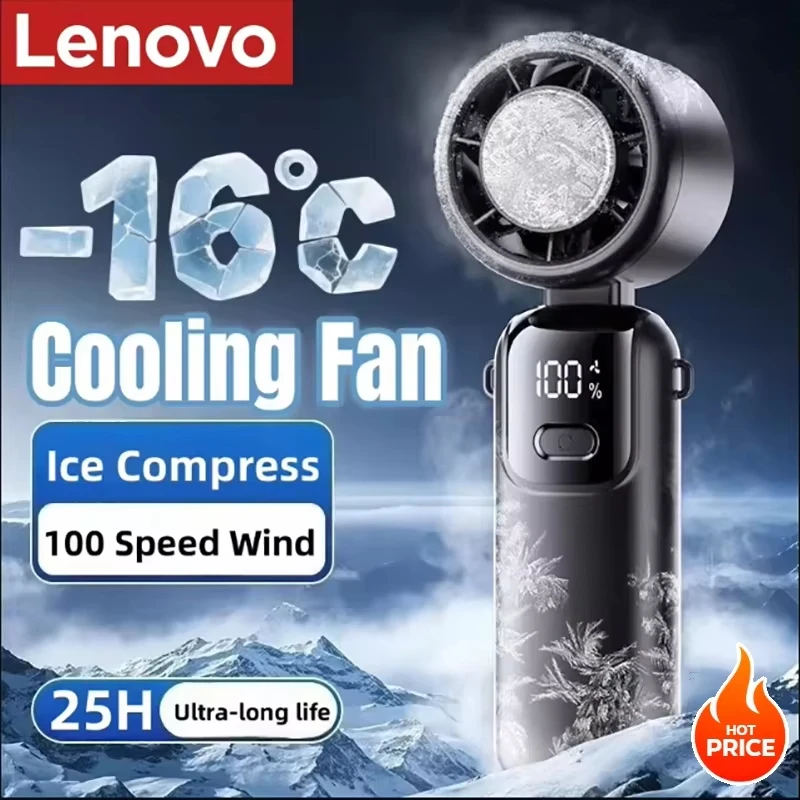 Lenovo Kühlender Handventilator, tragbarer USB-Tisch- und Outdoor-Ventilator mit Digitalanzeige, Hochgeschwindigkeitslüfter, faltbar, zum Umhängen am Hals