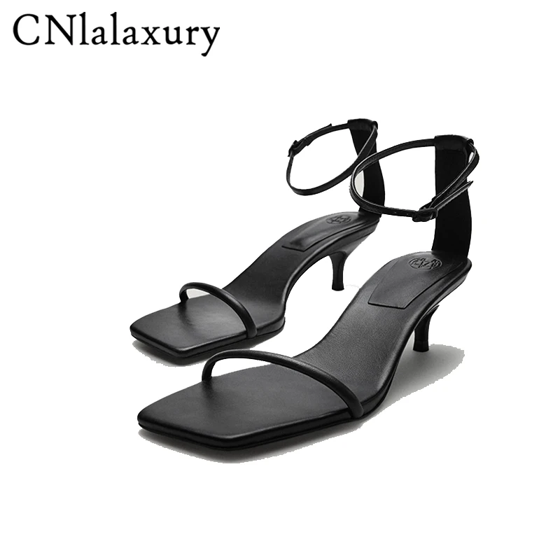 2024 Women Heels Sandals Square Head Simple Party Sandals Women Thin Heel Shoes Commute Women Genuine Leather Shoes Female