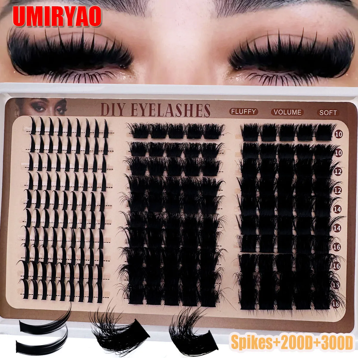 300D-60DLash Clusters With Spikes & Bottom Lashes Fluffy Volume Manga Natural Spiky Cluster Manga Lash D Curl Individual Lashes