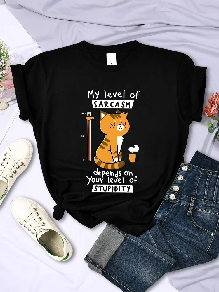 cotton My Level of Sarcasm Depends on Your Level of Stupidity Graphic Women T Shirts Sarcasm Level Cat Tees 2024 Summer T Shirts