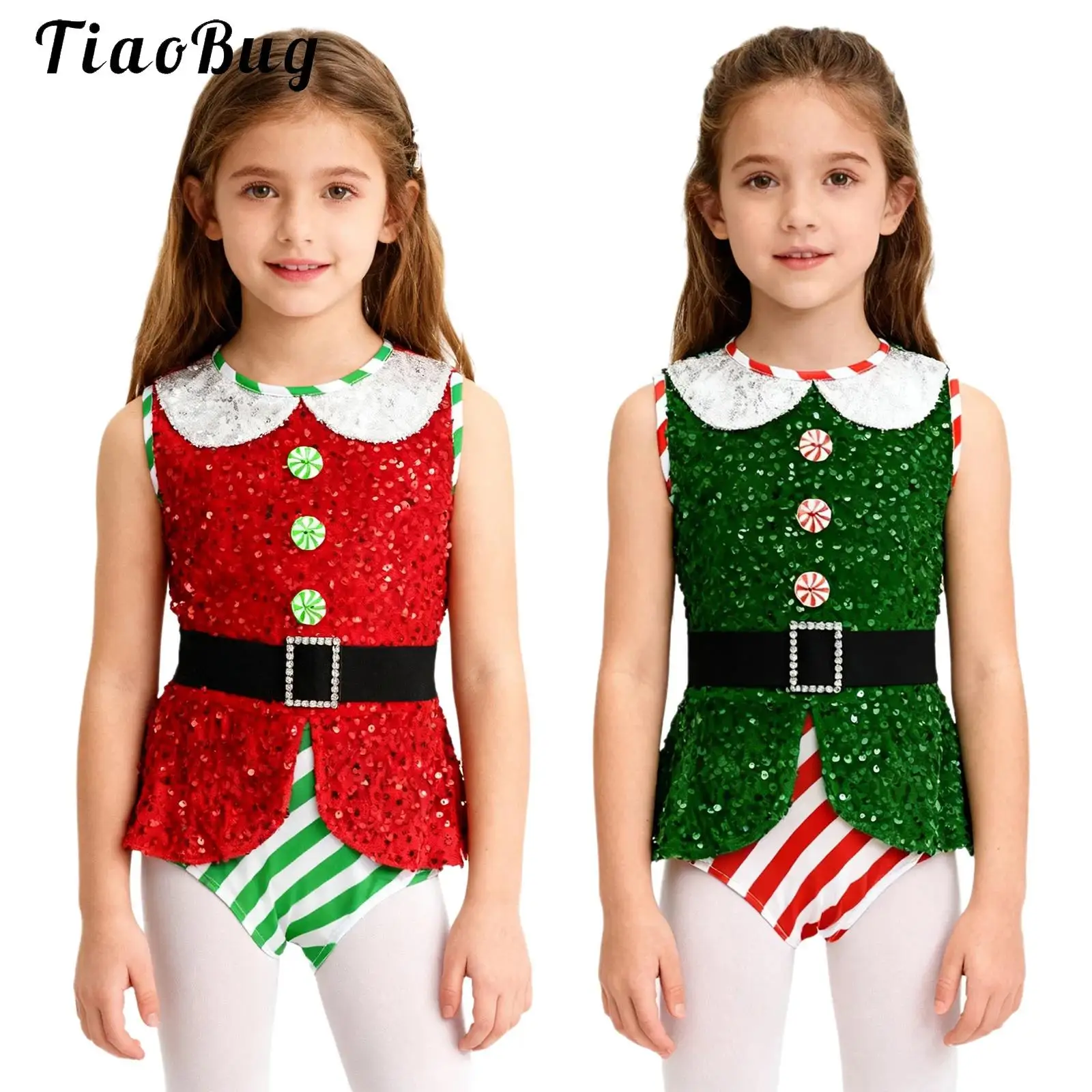 Kids Girls Candy Cane Christmas Dance Bodysuit Jumpsuit Unitard Sequin Xmas Santa Sweetie Gymnastics Figure Skating Leotard
