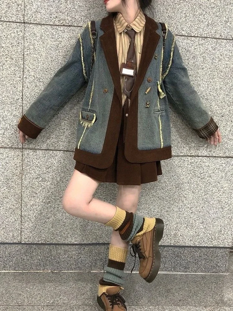 

Новинка 2023 года, женский осенне-зимний вельветовый джинсовый пиджак большого размера с заплатками, приятный для миниатюрных женщин, хлопковая стеганая куртка премиум-класса в стиле ретро