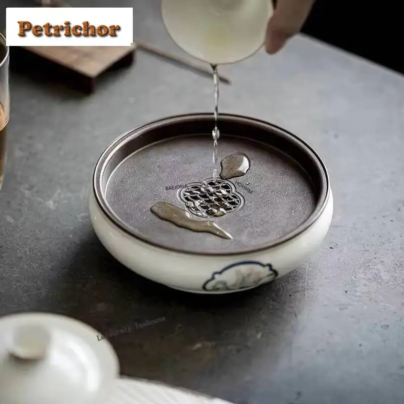 480ml Hand-painted Orchid Pot Bearing Holder Tin Cover Dry Soaking Table Window Oprn High Foot Water Storage Tea Tray Tea Set