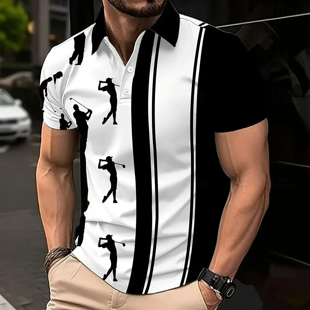 Fun Men's Casual and Fashionable Short-Sleeved Polo Shirt with Retro Geometric Stripes and 3D Checkered Printed Top