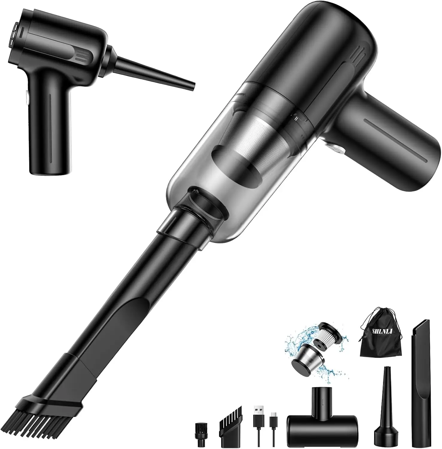 

Ручной автомобильный пылесос 9000 Па, беспроводной мини-пылесос 2-в-1 со светодиодной подсветкой, высокая мощность 120 Вт для автомобиля, дома, домашних животных (черный)