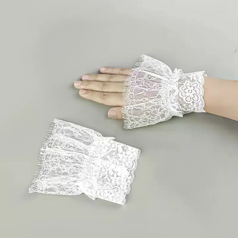 여성용 가짜 팔 소매 짧은 태슬 장식 흰색과 검은색 주름진 커프스 아름다운 레이스 액세서리 야외 장식품