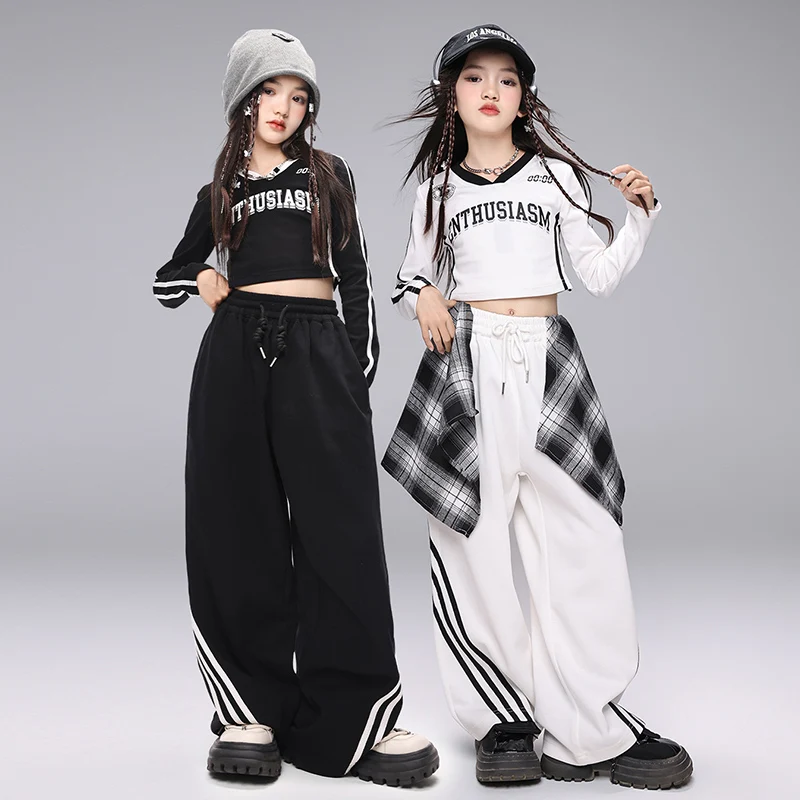 

Kid Hip Hop Clothing Black Long Sleeve Lace up Crop T Shirt Top White Ink Print Pants Denim Belt for Girl Dance Costume Clothes
