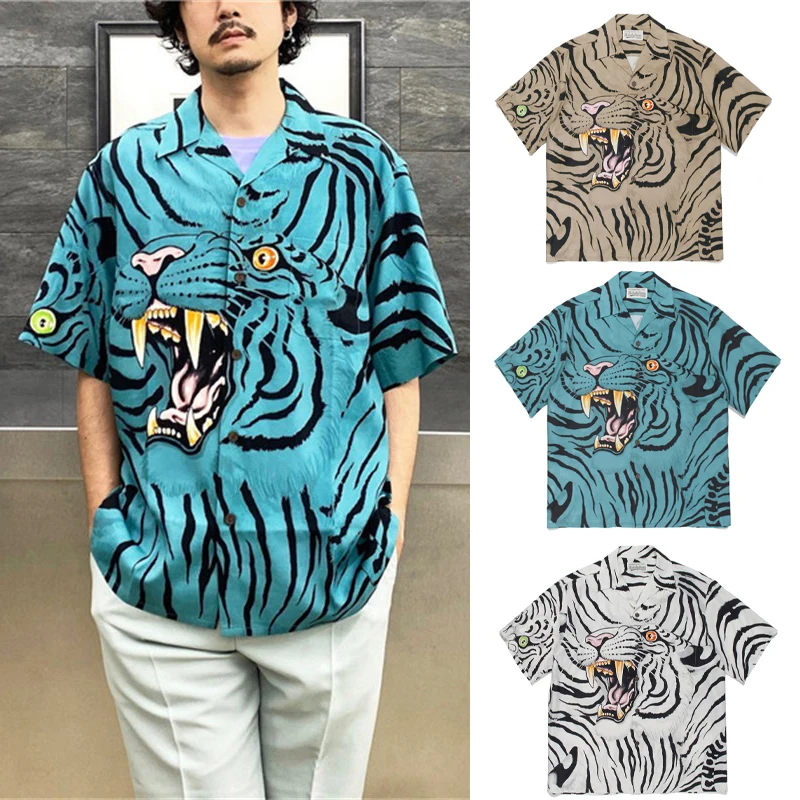 Summer New Vintage Big Tiger Print Casual Loose Hawaii Shirt Men Woman 1:1 Best Quality Sand Vacation Tops T-shirt