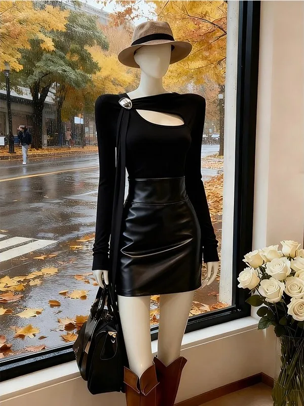 

Autumn Winter New Style Slim Fit Long Sleeve Hollow out Base Shirt Skirt Set Two Piece Set round Neckline Polyester Fiber