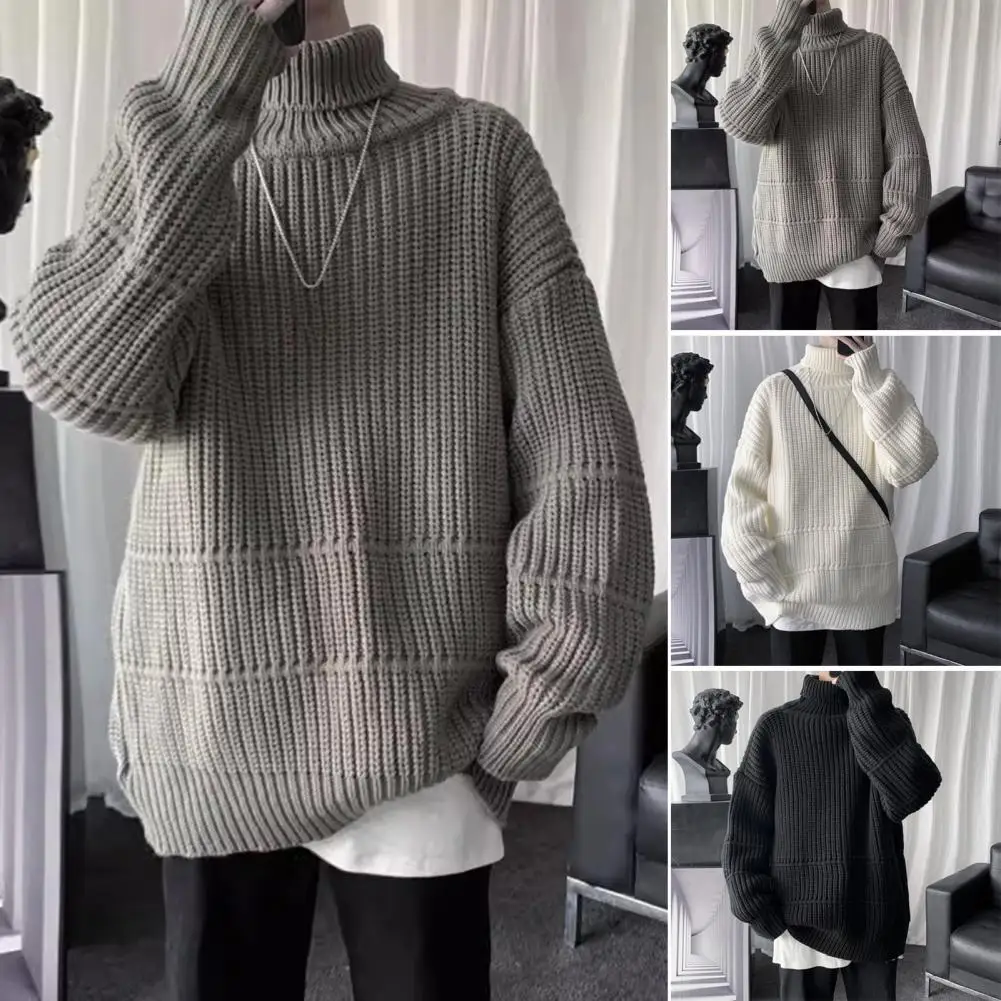 Sweater rajut kerah tinggi pria, Sweater Pullover lembut Anti susut hangat elastis, Sweater rajut pelindung leher tinggi musim gugur untuk pria