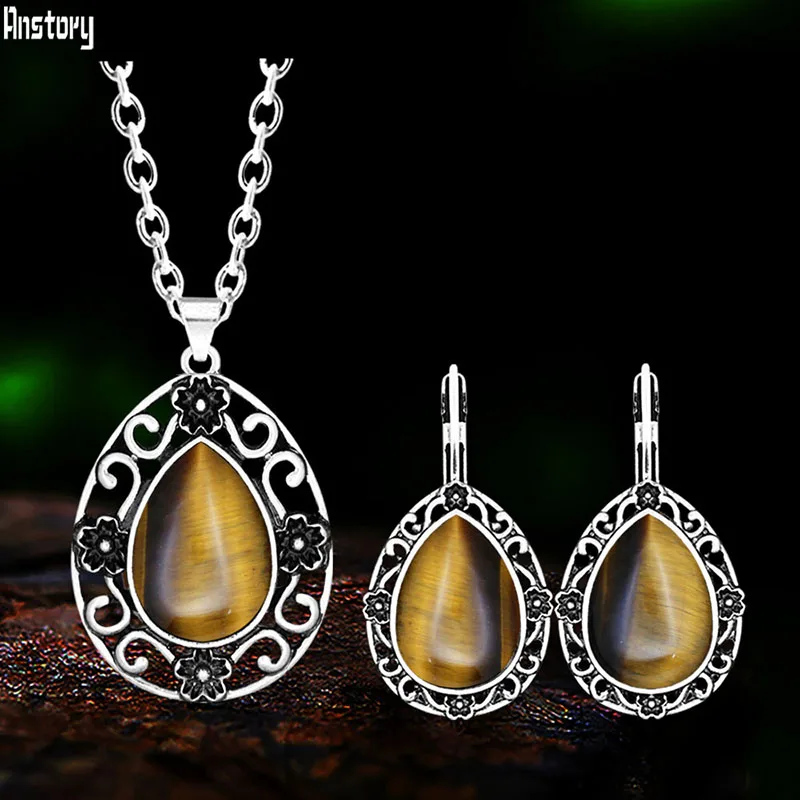 Flower Drop Pendant  Natural Jades Quartz Necklace Earrings Set For Women Antique Silver Plated Stone Fashion Jewelry Sets