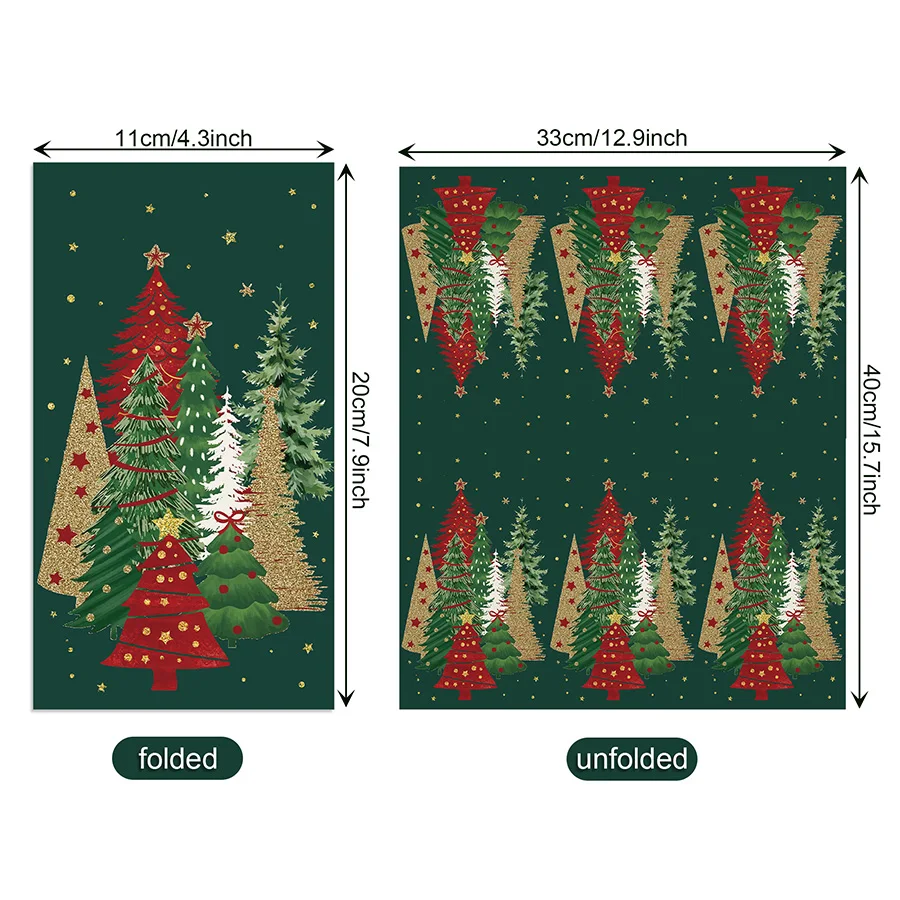 20pcs Christmas Paper Napkins Green Background Multi Xmas Tree Gold Star Print Disposable Serviettes Holiday Party Table Decor