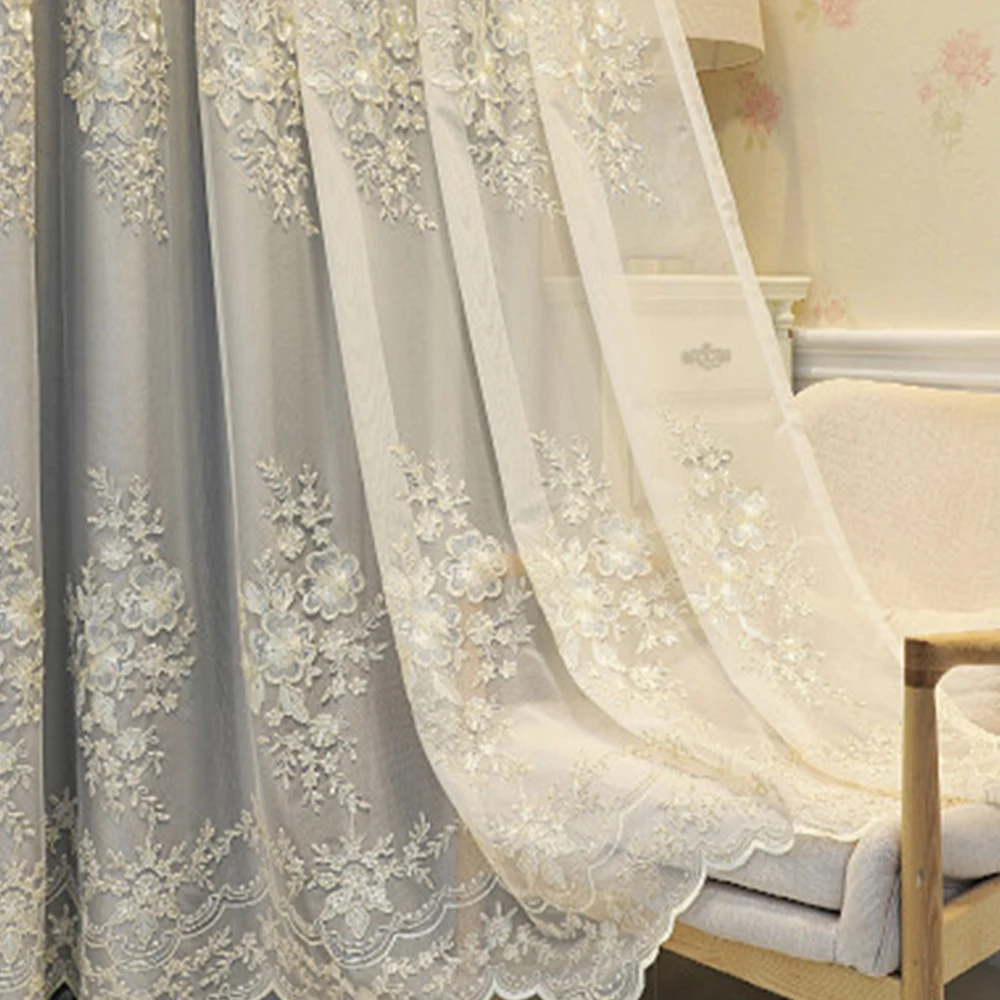 High Light Blocking Embroidered Curtain, Elegant Korean Style, Living Room Bedroom Partition, Cloth and Mesh Integrated, Insulat