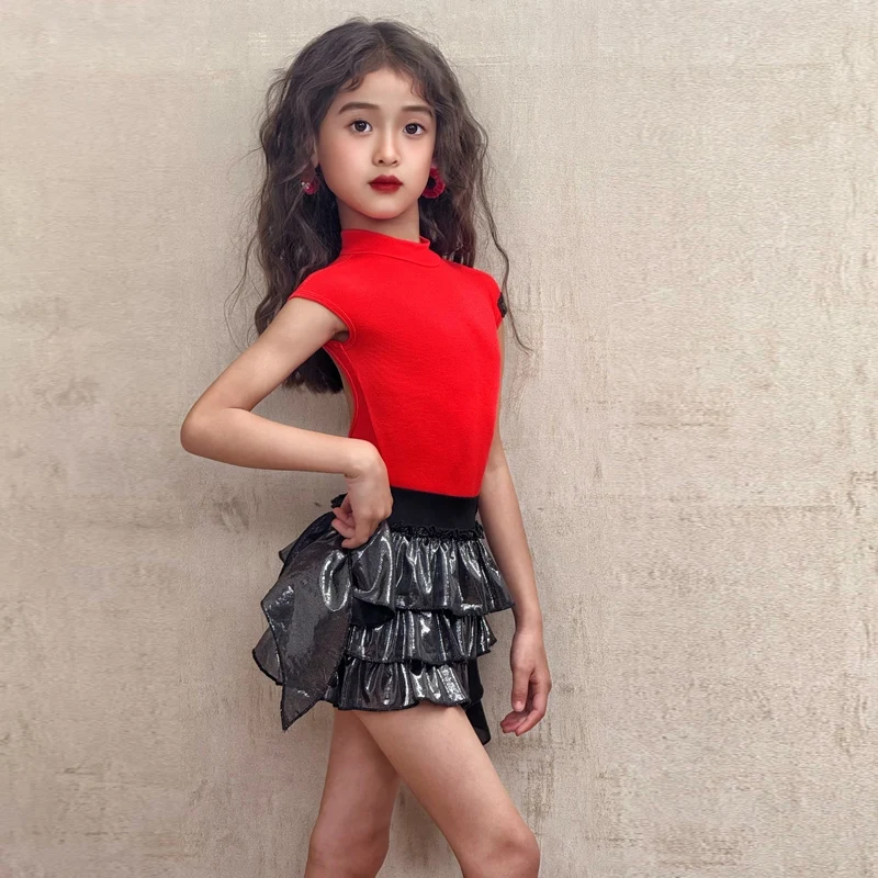 

Fashion Girls Latin Dance Costume Red Latin Top Laser Skirt Children'S Samba Rumba Ballroom Dance Competition Dresses SL12599