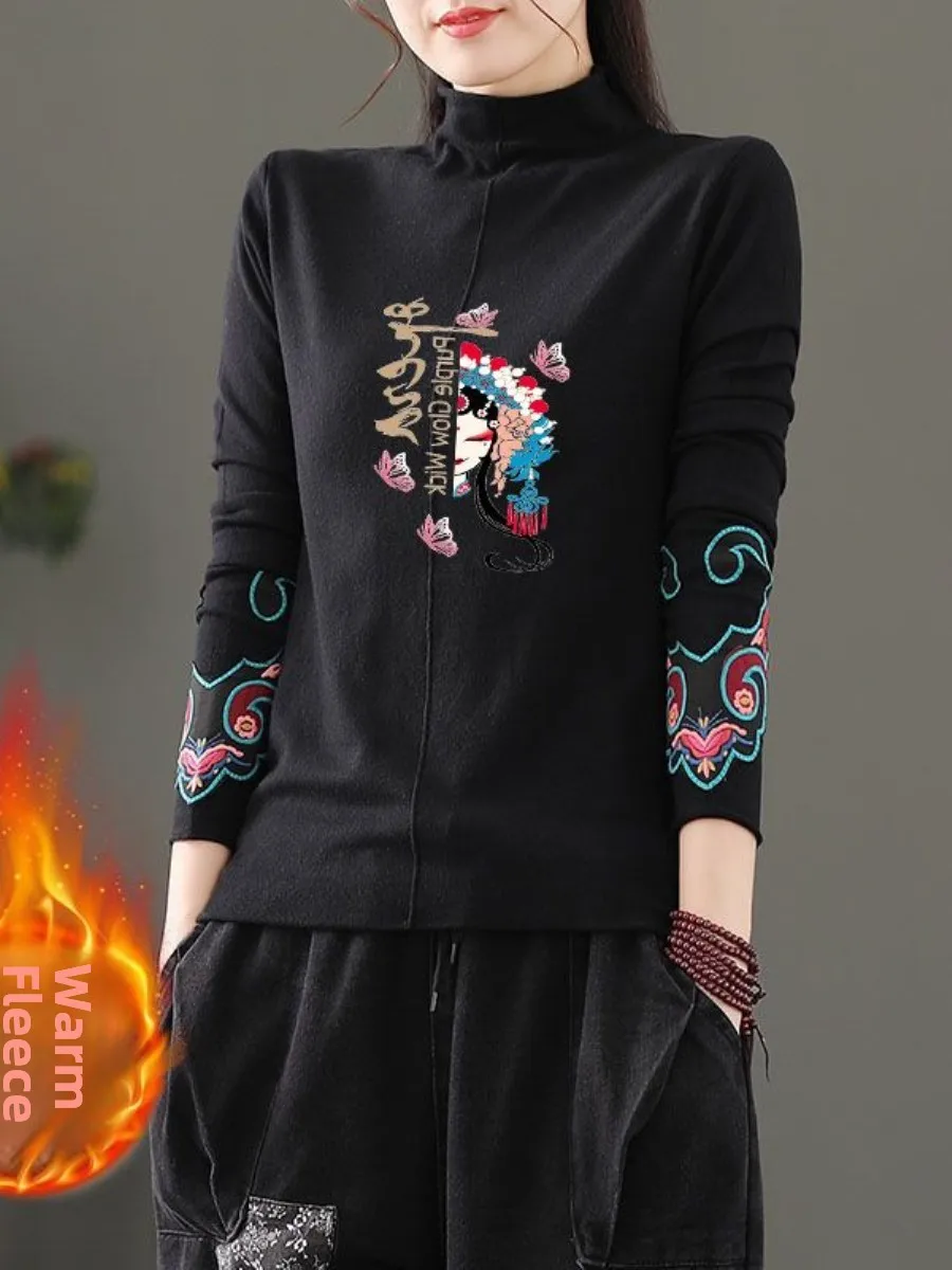

Fleece Lined Double Sided Brushed Velvet Ethnic Style Base Shirt Women's Loose Fashionable Print Women's Parka Coat Collar